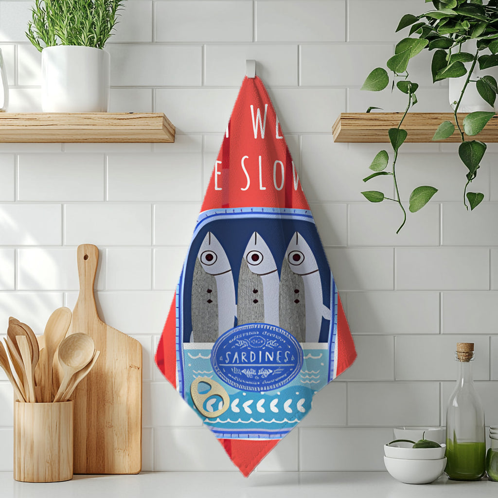 Eat Well, Live Slowly Tea Towel – Italian Market Cotton Kitchen Towel | Fisherman's Aesthetic Sardines Decor, Mediterranean Foodie Gift