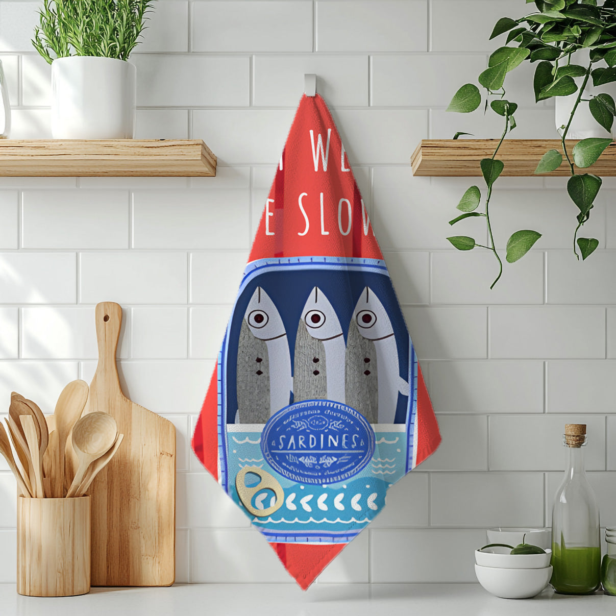 Eat Well, Live Slowly Tea Towel – Italian Market Cotton Kitchen Towel | Fisherman's Aesthetic Sardines Decor, Mediterranean Foodie Gift