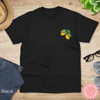 Embroidered lemon and green leaf detail on the upper left chest of cotton t-shirt