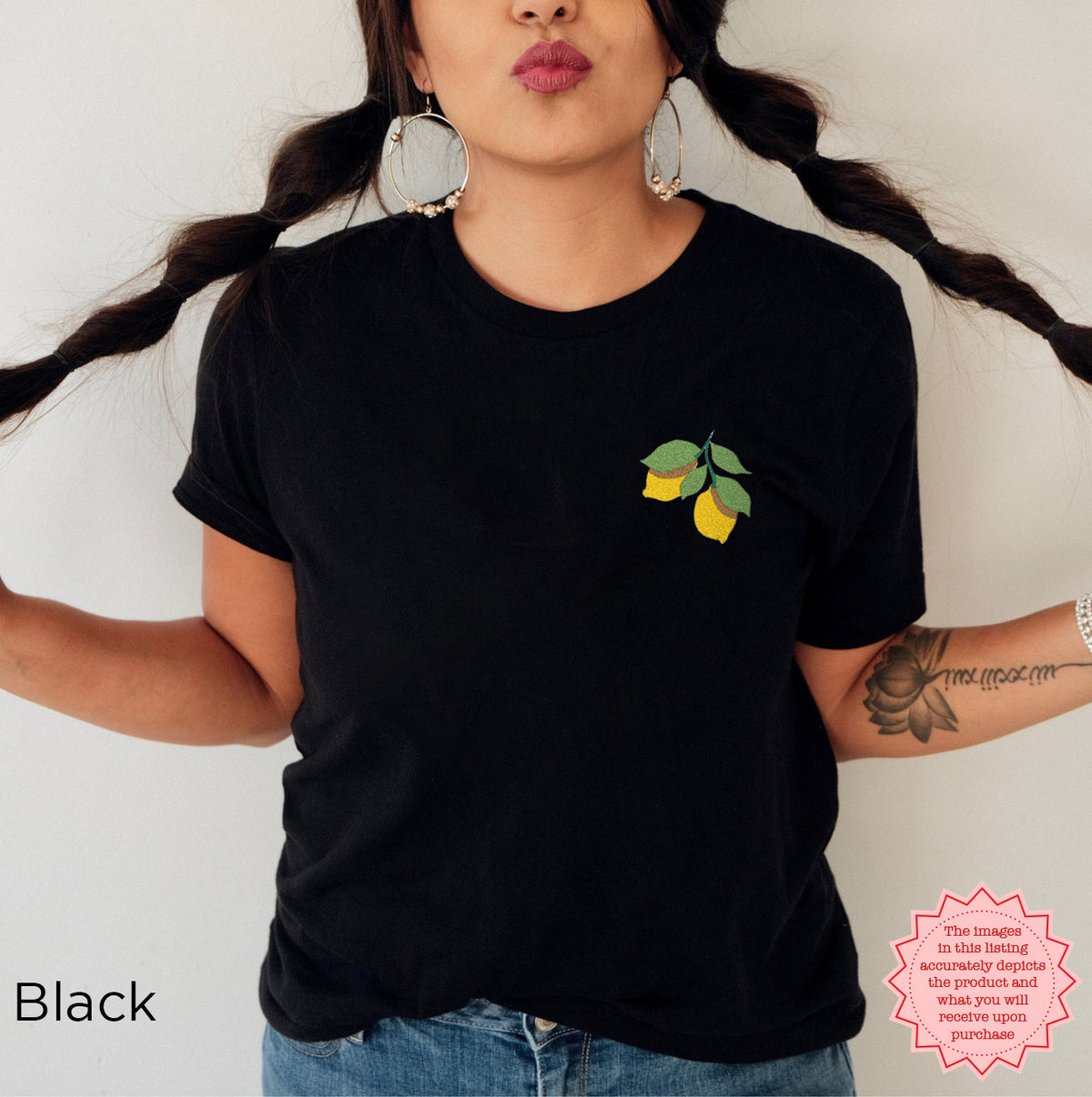 Minimalist embroidered lemon tee with citrus botanical design on the left chest