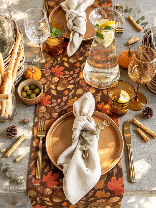 Autumn botanical table runner paired with a matching fall leaves tablecloth for a coordinated tablescape