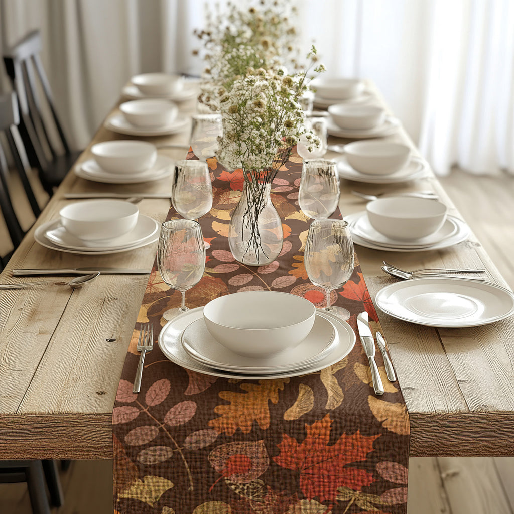 Fall table runner styled with neutral dinnerware, glassware, candles, and seasonal accents