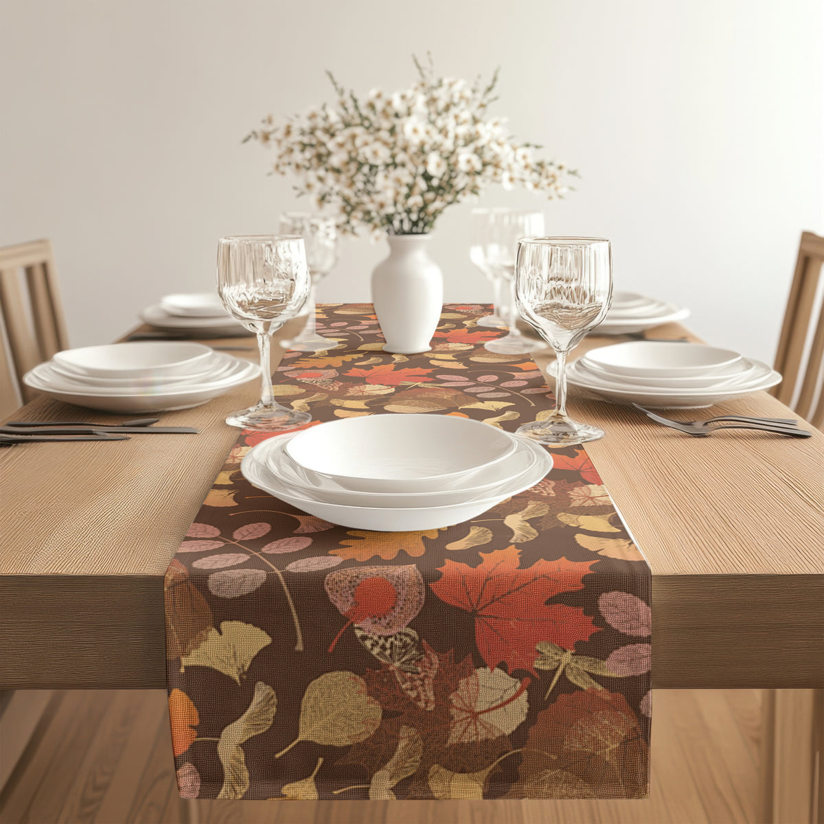 Botanical fall table runner styled for an elegant Thanksgiving table setting