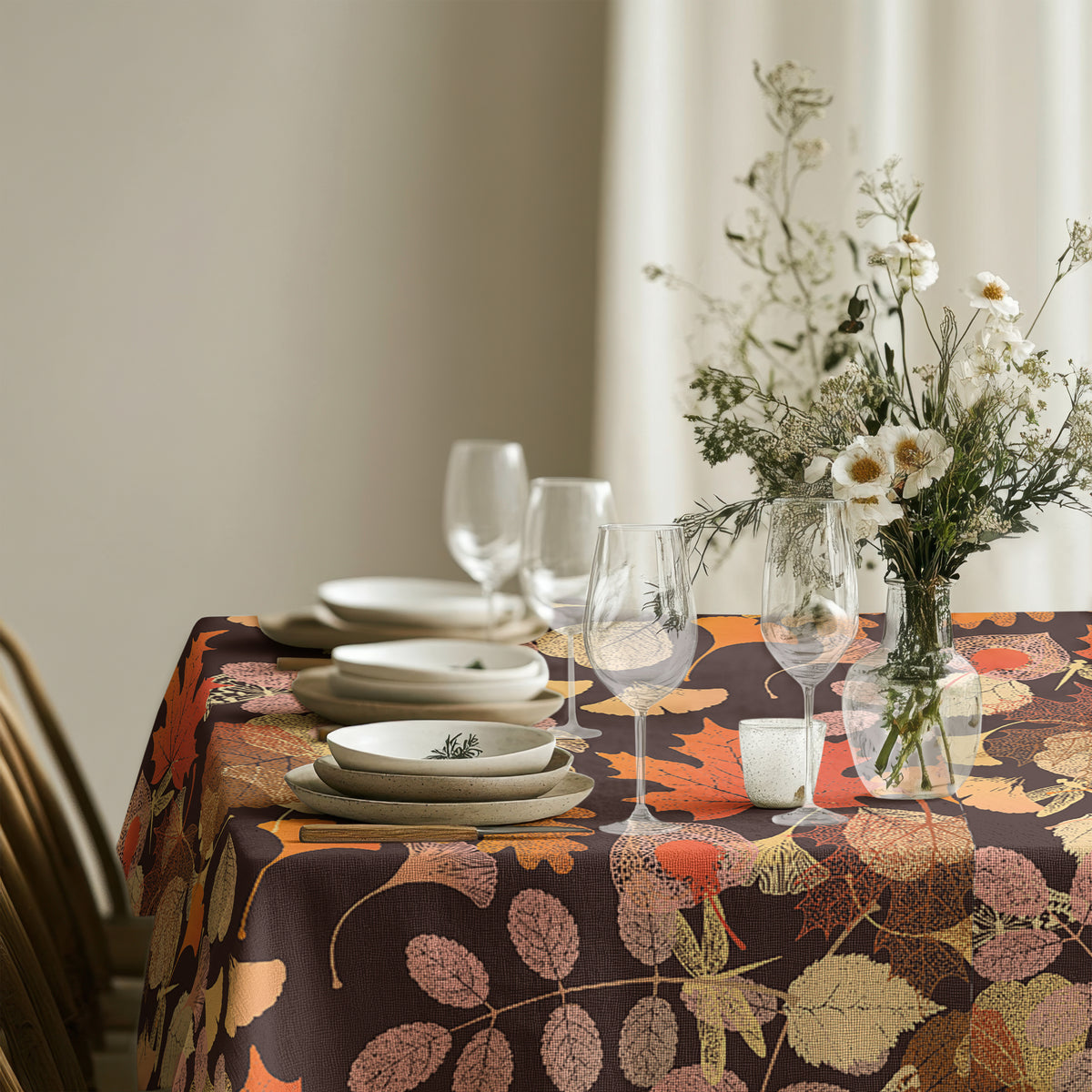 Large fall leaves cotton tablecloth styled on an extended dining table for family gatherings
