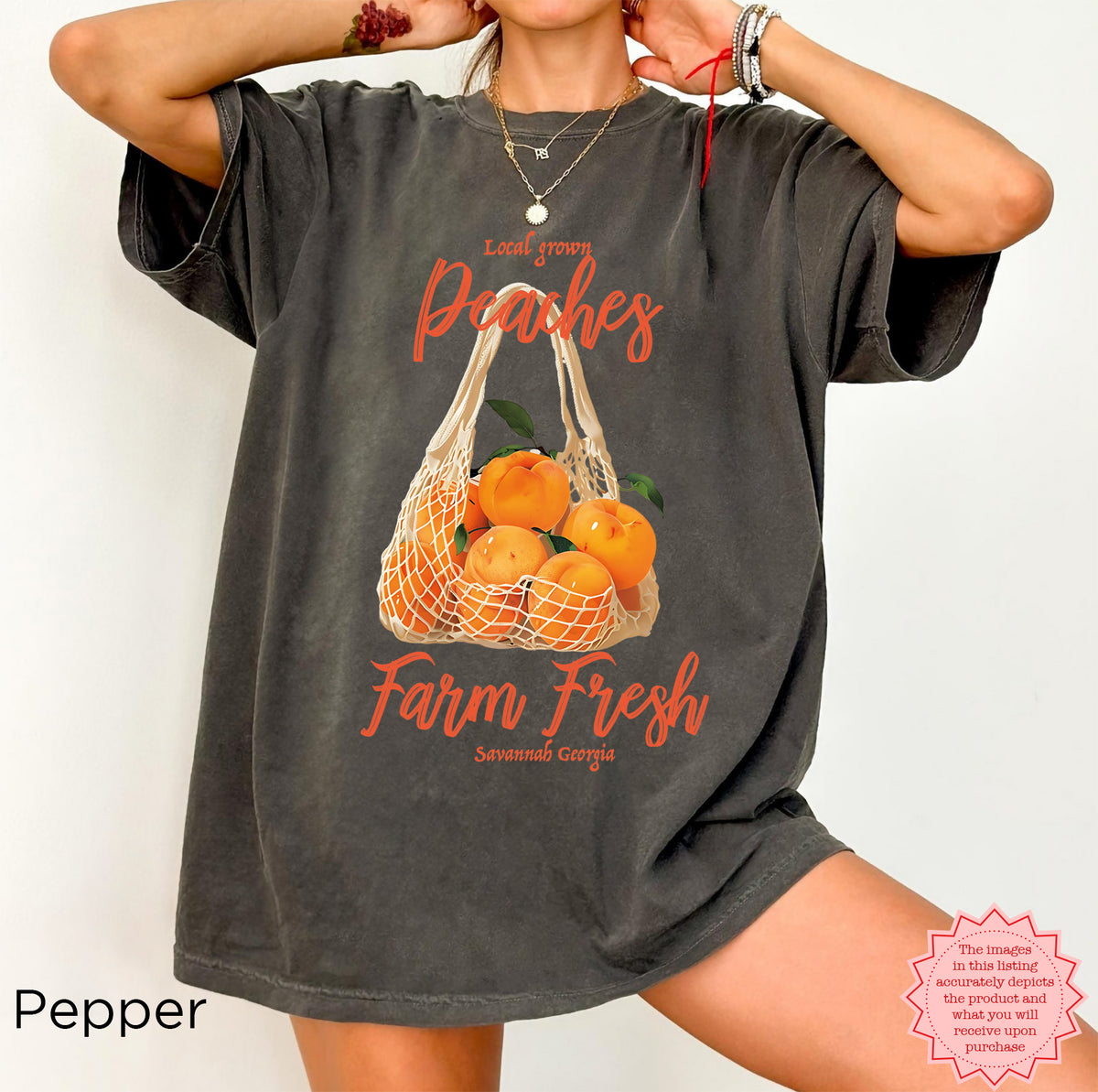 Side view of the Farm Fresh Peaches T-shirt showing its relaxed unisex-inspired silhouette and soft garment-dyed finish.