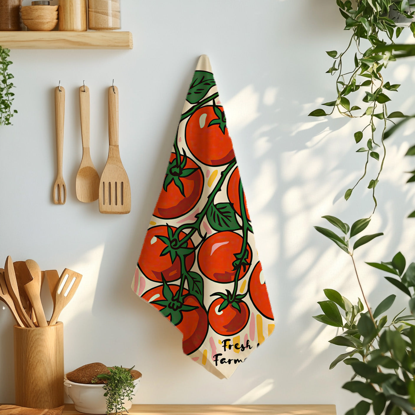 Fresh from the Farmers’ Market Tea Towel – Tomato Cotton Twill Kitchen Towel | Colorful Illustration, Mediterranean Market Design, Gift for Food Lovers