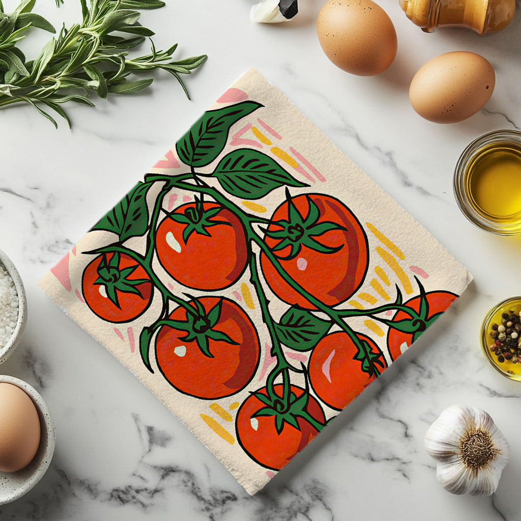 Folded cotton tea towel with tomato design on a marble countertop surrounded by cooking ingredients.