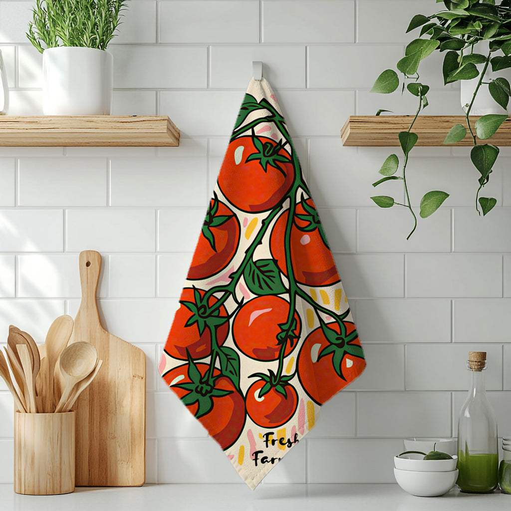 Gift-ready tea towel with farmers’ market tomato illustration, neatly folded in a rustic kitchen setting.