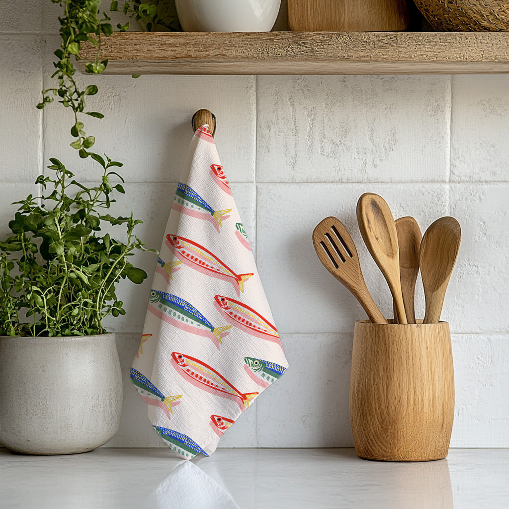 Coastal kitchen gift featuring the Fisherman's Market fish tea towel, ideal for beach house owners and seafood lovers.