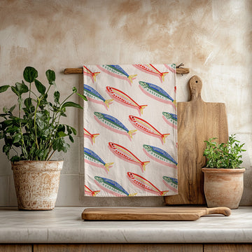 Fisherman's Market Tea Towel | Mediterranean Fish Pattern Kitchen Towel | Coastal Kitchen Decor Gift