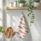 Colourful fish kitchen towel with a coastal-inspired pattern, perfect for Mediterranean kitchens and beach house décor.