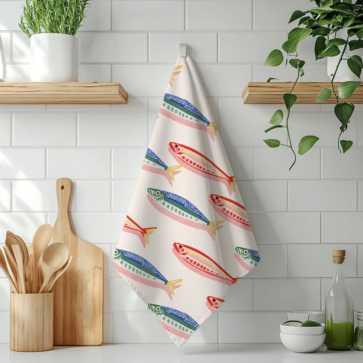 Decorative fish tea towel with colourful illustrated sea life pattern, combining style with quick-drying kitchen functionality.