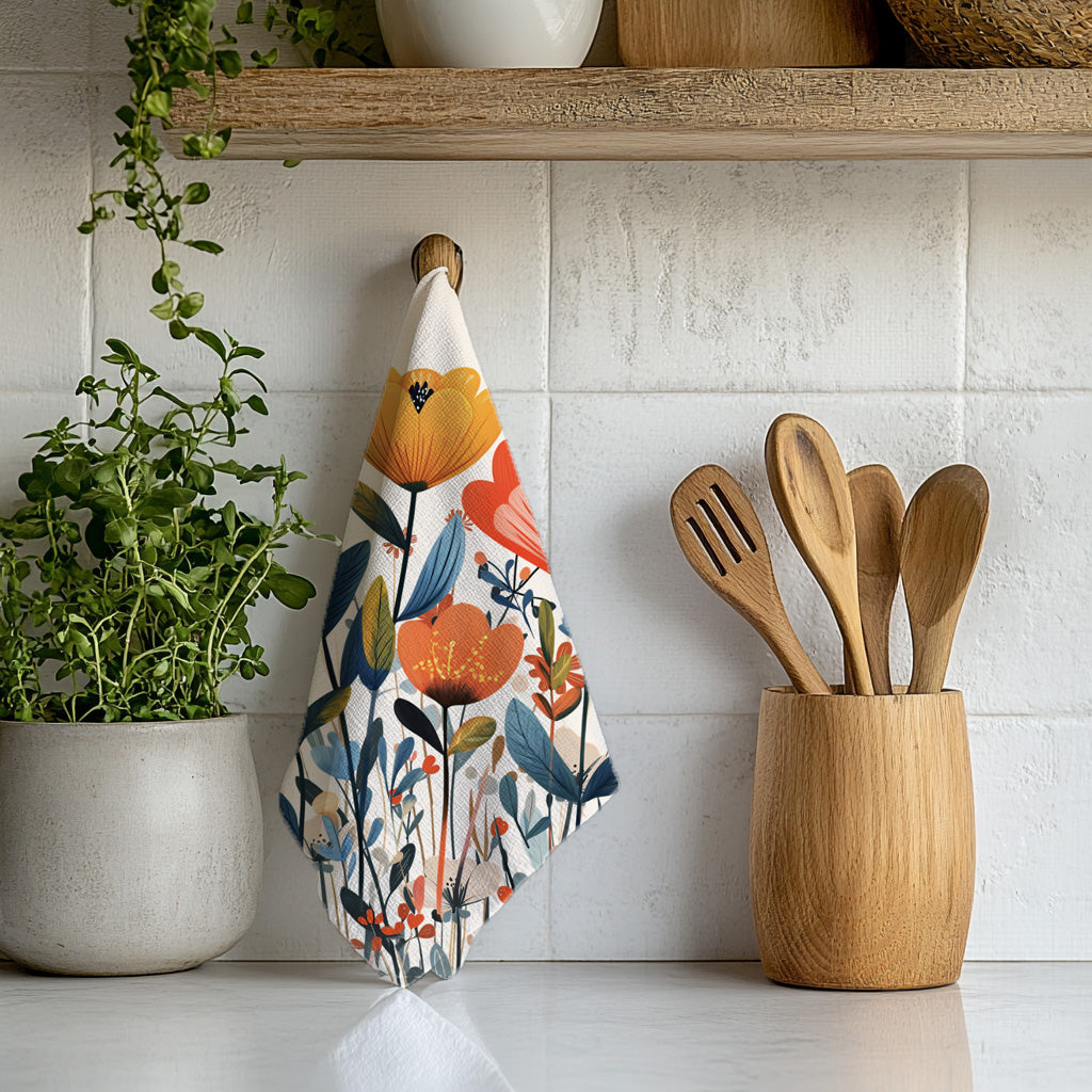 Colorful wildflower kitchen hand towel made from absorbent microfiber, ideal for everyday cooking and farmhouse kitchen styling.