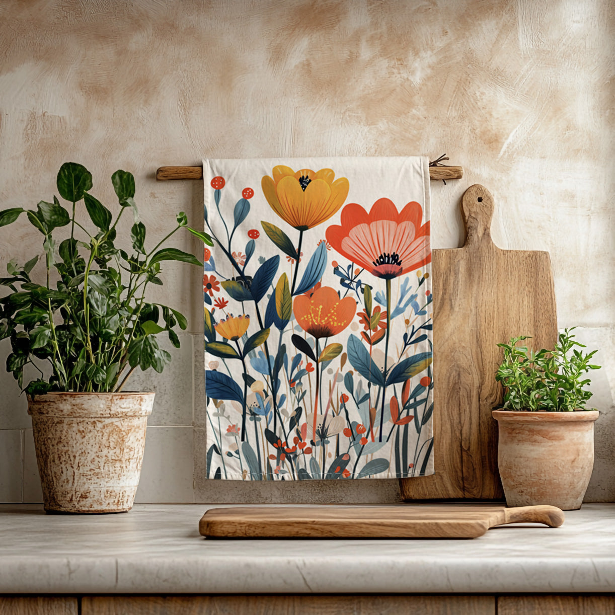 Mediterranean floral microfiber tea towel featuring colorful botanical wildflowers on a soft cream background for farmhouse and cottage kitchens.
