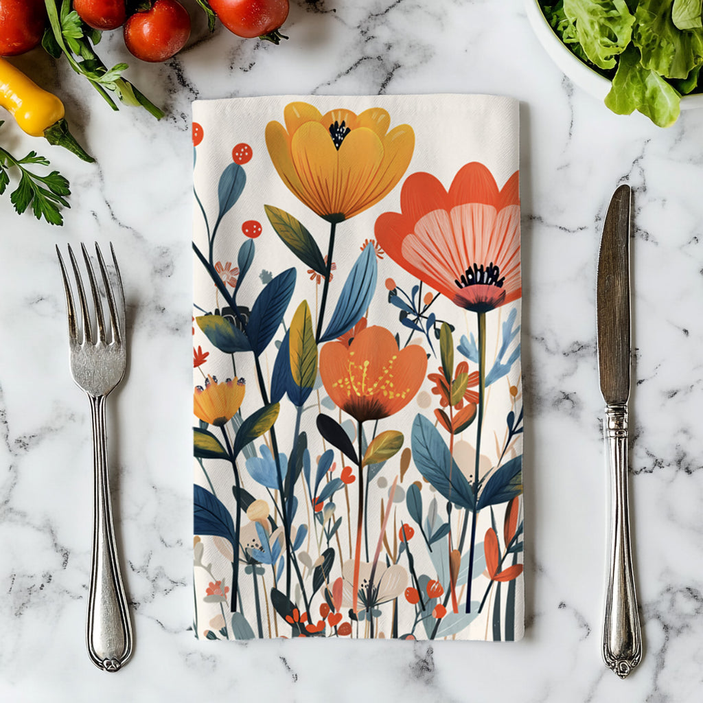 Decorative floral dish towel with colorful wildflowers, perfect for Mediterranean, cottagecore and farmhouse kitchen décor.