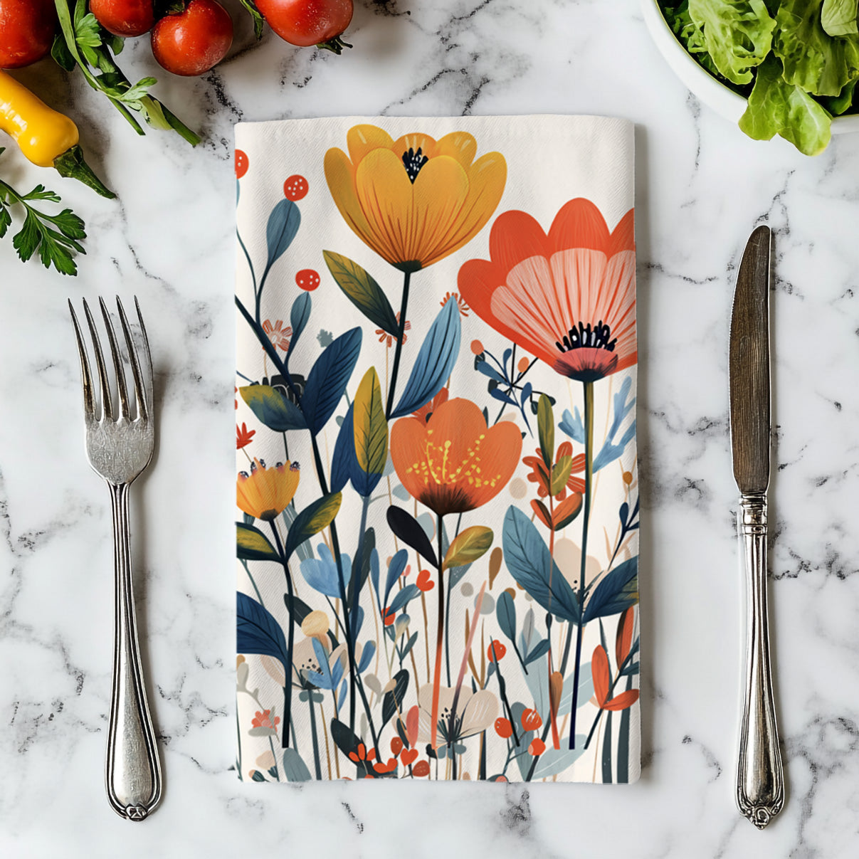 Decorative floral dish towel with colorful wildflowers, perfect for Mediterranean, cottagecore and farmhouse kitchen décor.