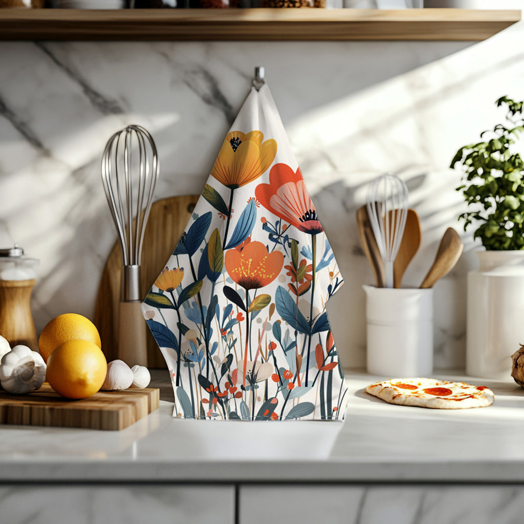 Botanical wildflower kitchen tea towel with vibrant Mediterranean-inspired floral illustration hanging in a bright modern kitchen.