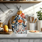 Botanical wildflower kitchen tea towel with vibrant Mediterranean-inspired floral illustration hanging in a bright modern kitchen.