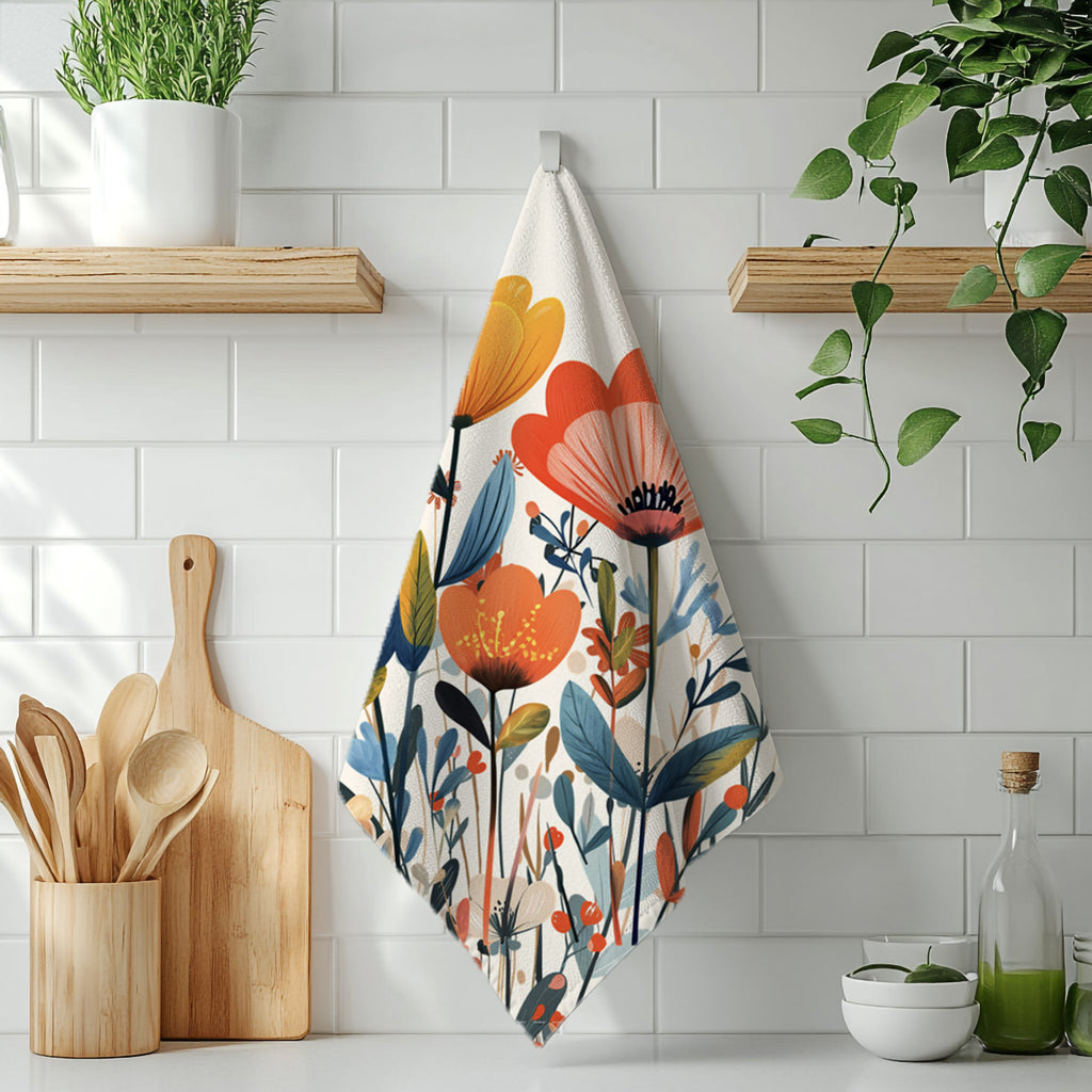 Close-up of Mediterranean floral microfiber tea towel showing colorful wildflower artwork and premium quick-dry fabric texture.