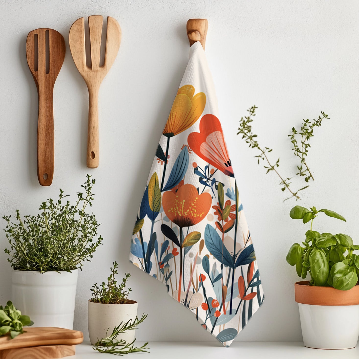 Mediterranean botanical tea towel displayed over an oven handle with vibrant floral design and neutral cream background.