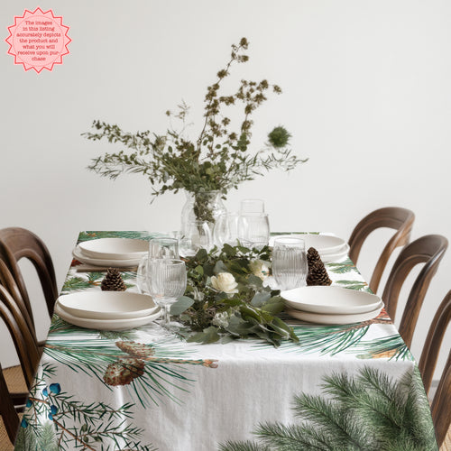 Evergreen Fern Tree Tablecloth – Rustic Forest-Inspired Cotton Linen for Nature & Outdoor Lovers
