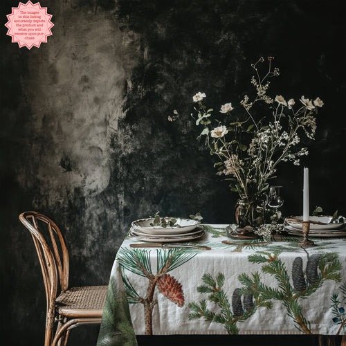 Evergreen Fern Tree Tablecloth – Rustic Forest-Inspired Cotton Linen for Nature & Outdoor Lovers