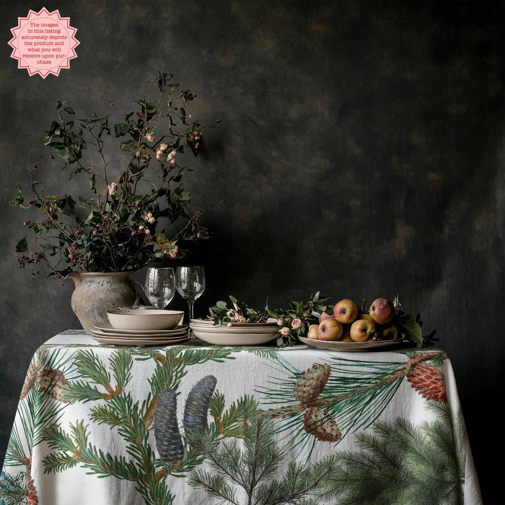 Evergreen Fern Tree Tablecloth – Rustic Forest-Inspired Cotton Linen for Nature & Outdoor Lovers
