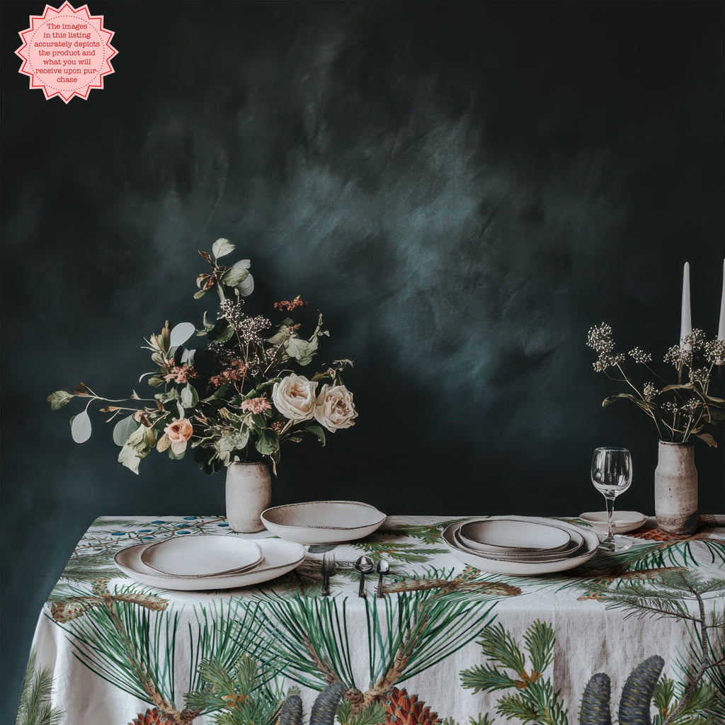 Evergreen Fern Tree Tablecloth – Rustic Forest-Inspired Cotton Linen for Nature & Outdoor Lovers
