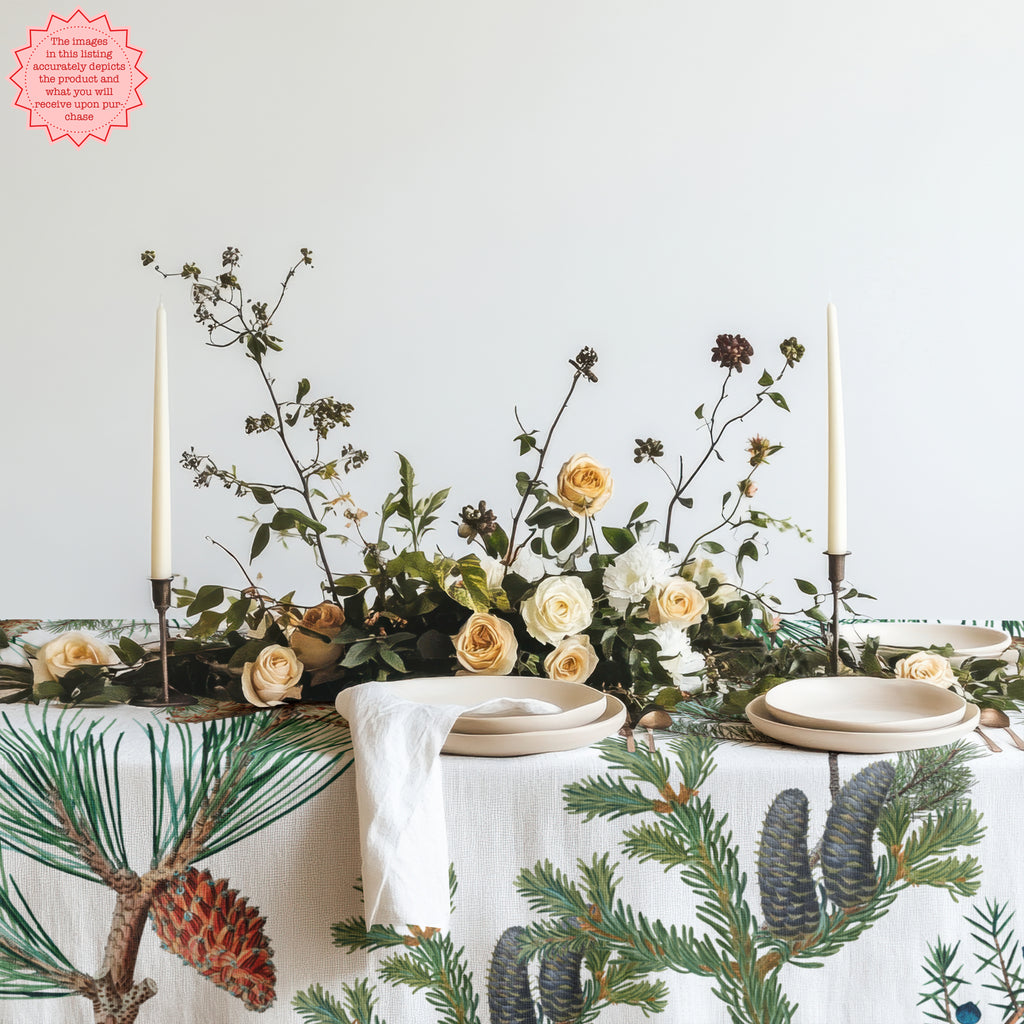 Evergreen Fern Tree Tablecloth – Rustic Forest-Inspired Cotton Linen for Nature & Outdoor Lovers