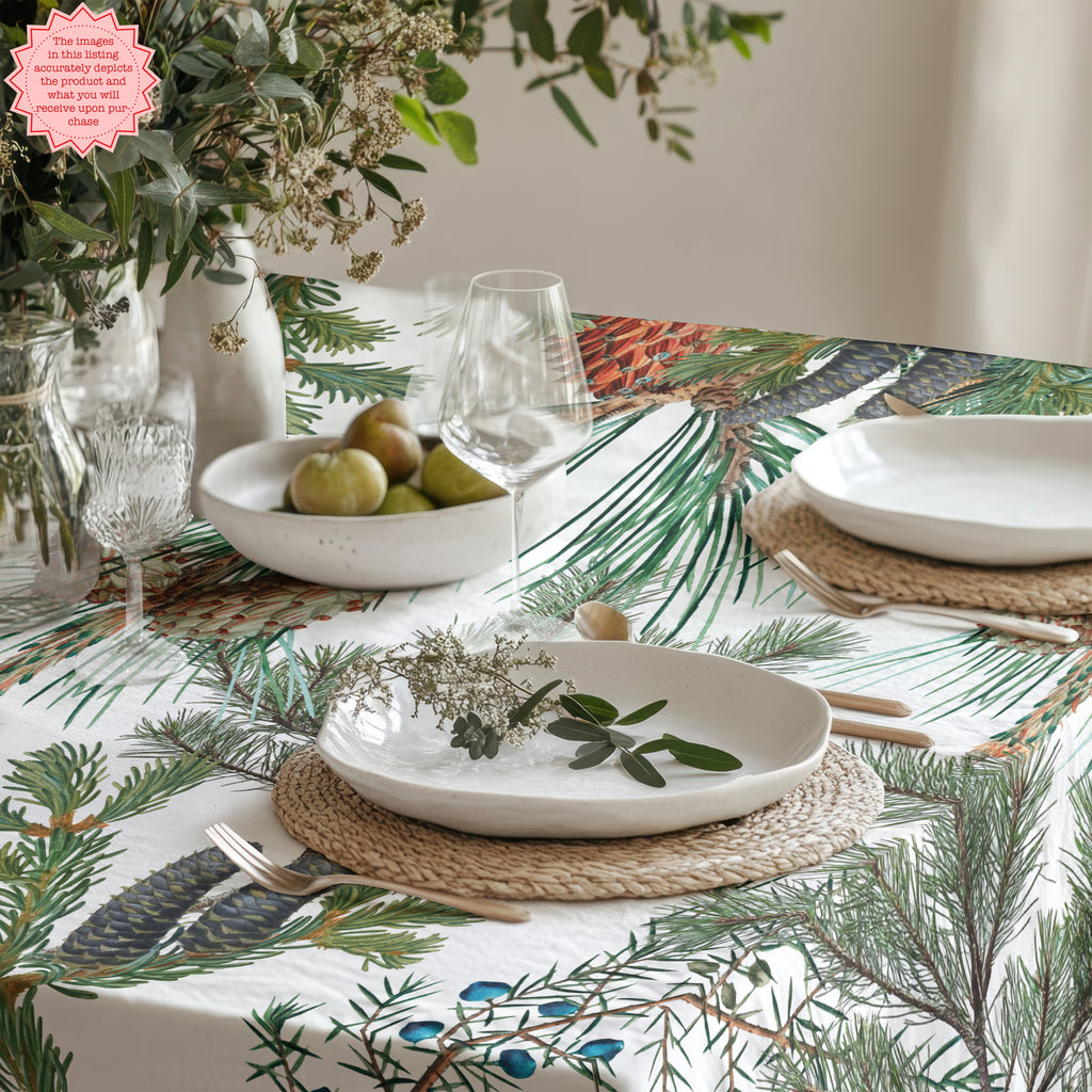 Evergreen Fern Tree Tablecloth – Rustic Forest-Inspired Cotton Linen for Nature & Outdoor Lovers