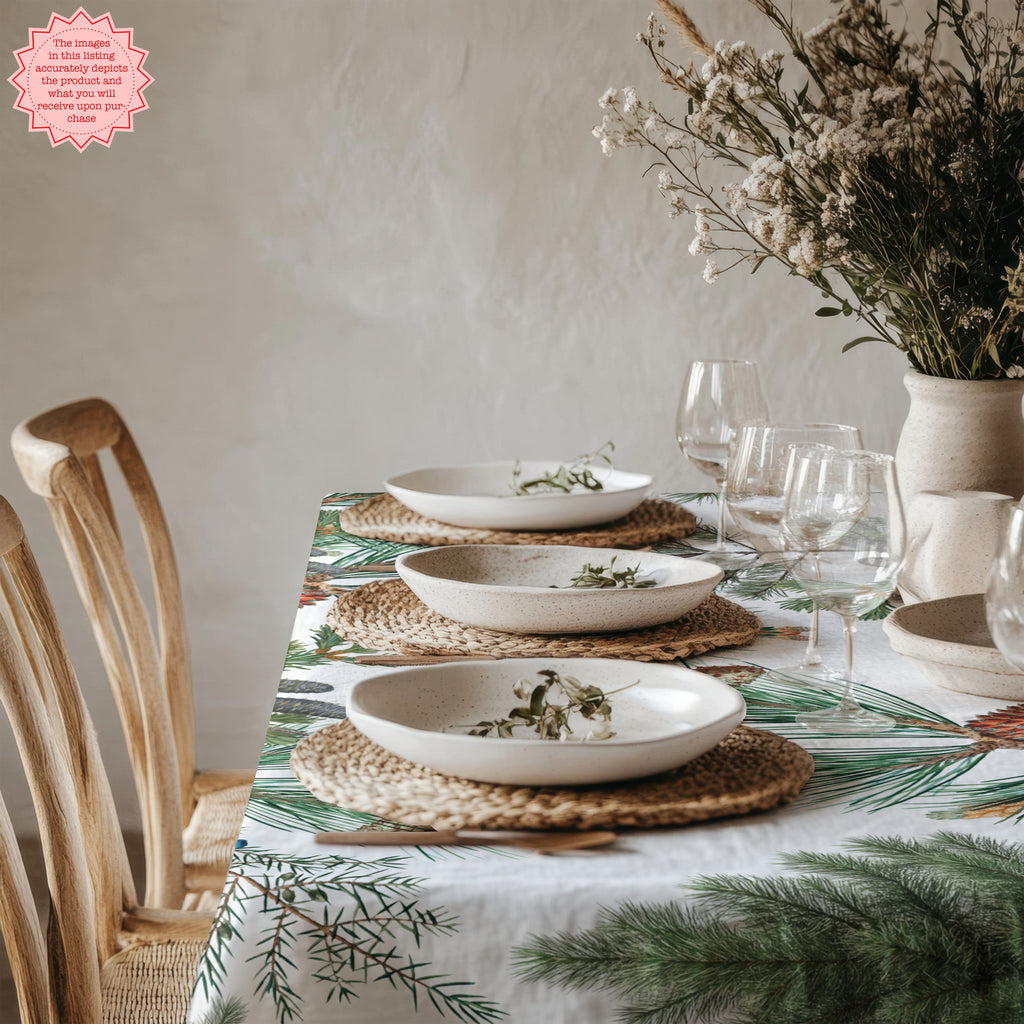 Evergreen Fern Tree Tablecloth – Rustic Forest-Inspired Cotton Linen for Nature & Outdoor Lovers