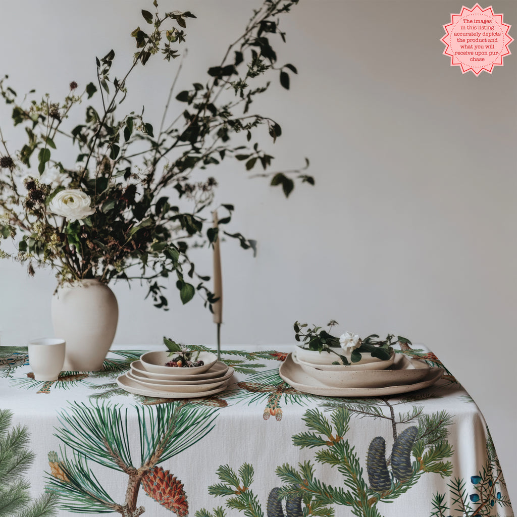 Evergreen Fern Tree Tablecloth – Rustic Forest-Inspired Cotton Linen for Nature & Outdoor Lovers