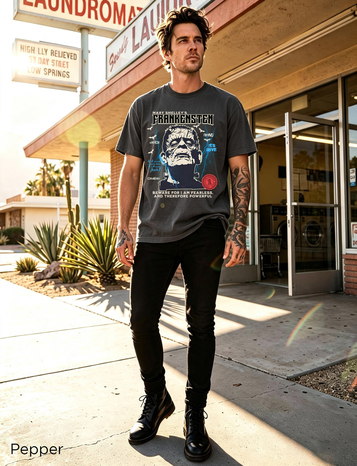 Front view of Frankenstein classic horror t-shirt with vintage gothic artwork
