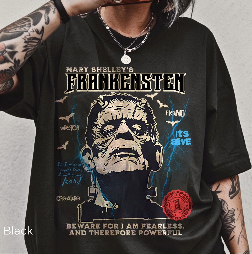Frankenstein gothic horror graphic t-shirt with classic monster movie design