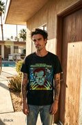Black: Frankenstein graphic t-shirt in black featuring Mary Shelley artwork, gothic horror design, bats and lightning