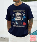 Close-up of Frankenstein gothic horror graphic printed on a classic black t-shirt