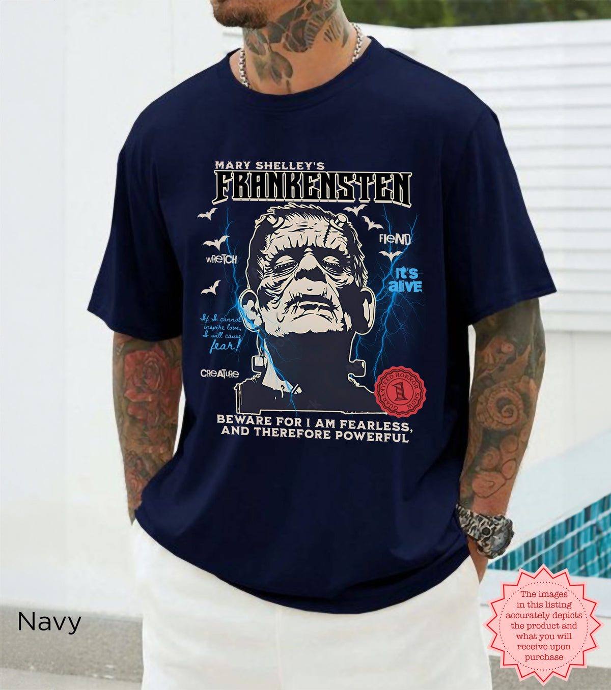 Close-up of Frankenstein gothic horror graphic printed on a classic black t-shirt