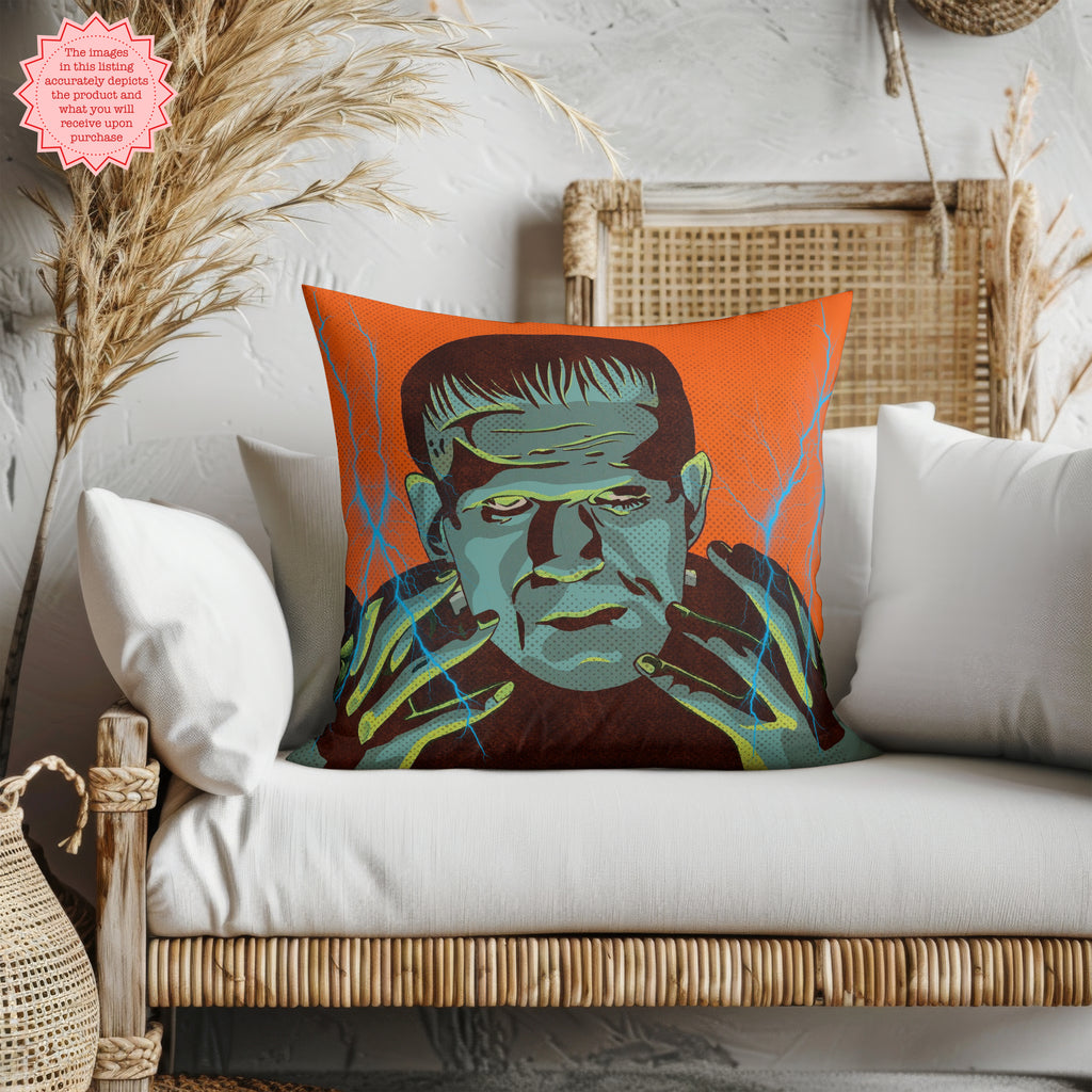 Colourful Frankenstein faux suede cushion cover featuring classic monster movie inspired artwork
