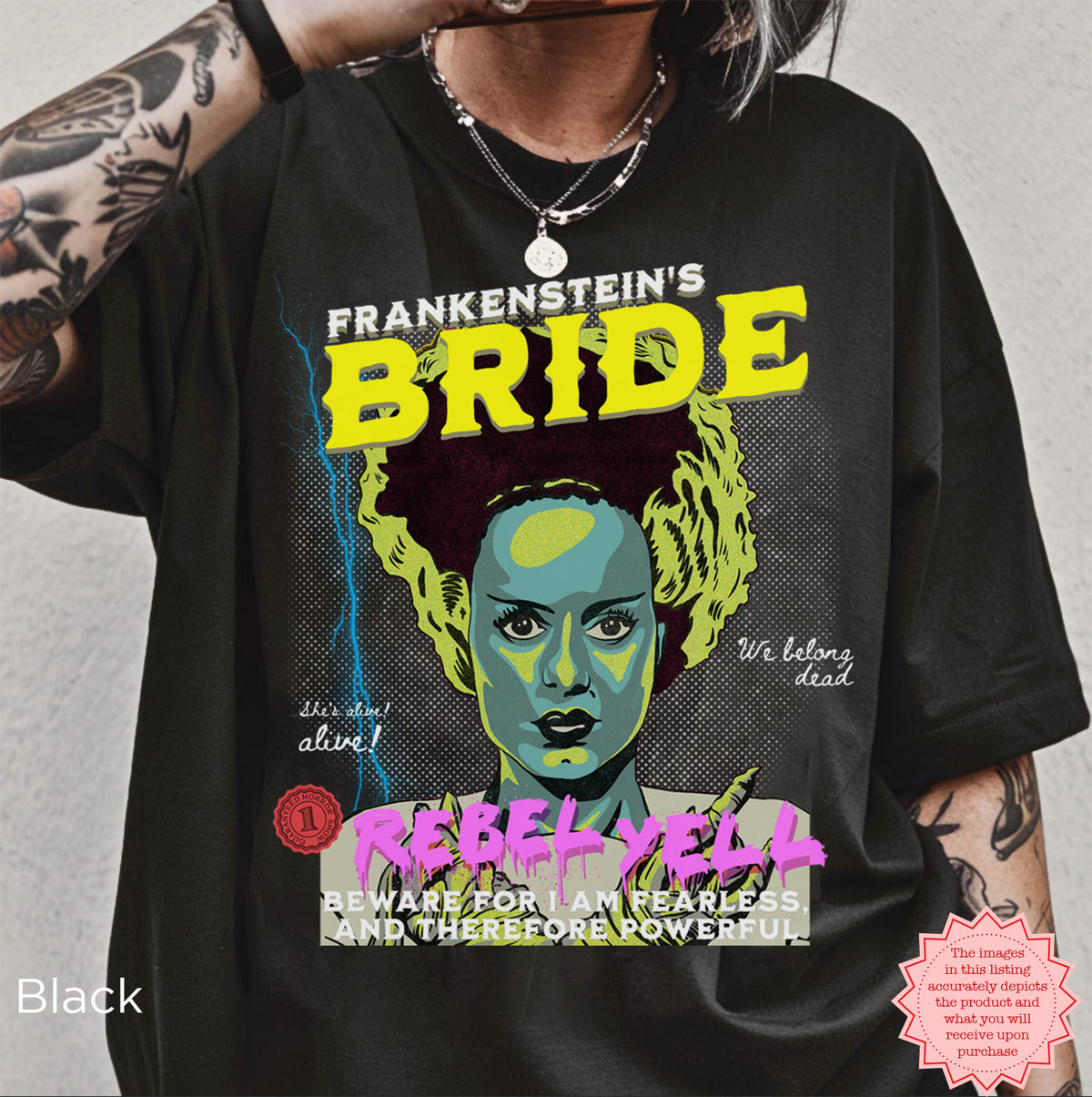 Colorful Bride of Frankenstein retro Halloween graphic shirt with gothic pop art design