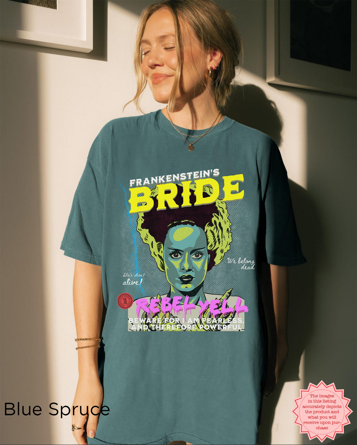 Bride of Frankenstein horror movie shirt with colorful retro pop art graphic for Halloween