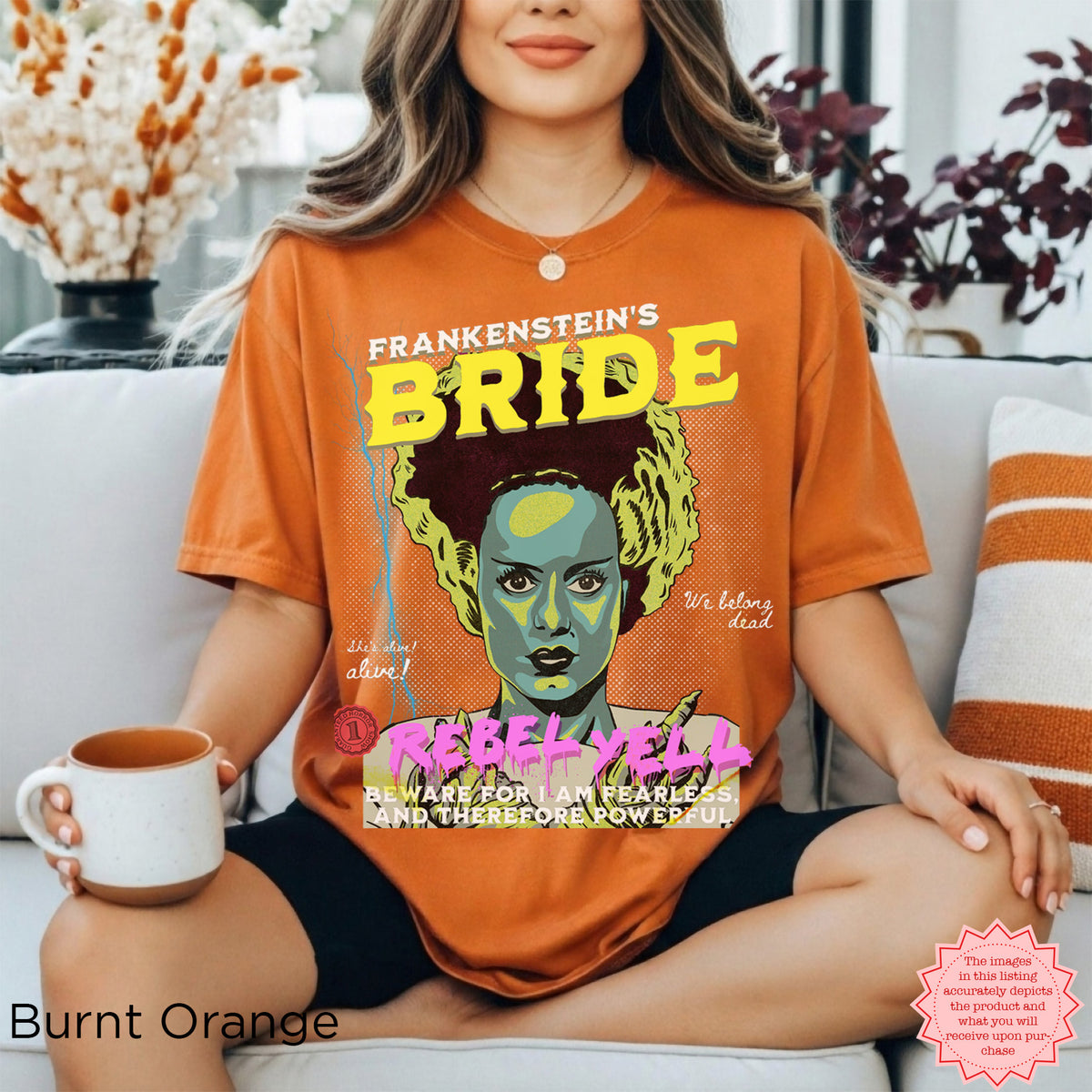 Colorful Bride of Frankenstein Halloween shirt styled as a spooky gothic graphic tee