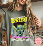 Gothic Halloween graphic tee featuring the Bride of Frankenstein in colorful vintage-style artwork