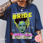 Retro Bride of Frankenstein shirt with colorful pop art horror movie inspired design