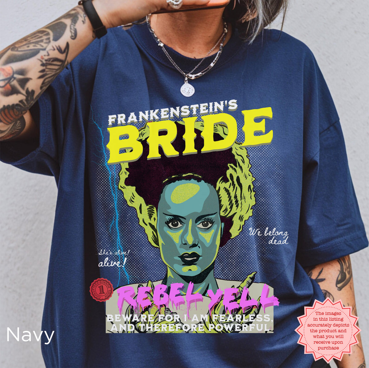 Retro Bride of Frankenstein shirt with colorful pop art horror movie inspired design