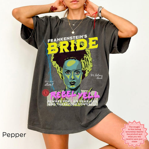 Bride of Frankenstein vintage-inspired graphic tee featuring colorful retro horror artwork