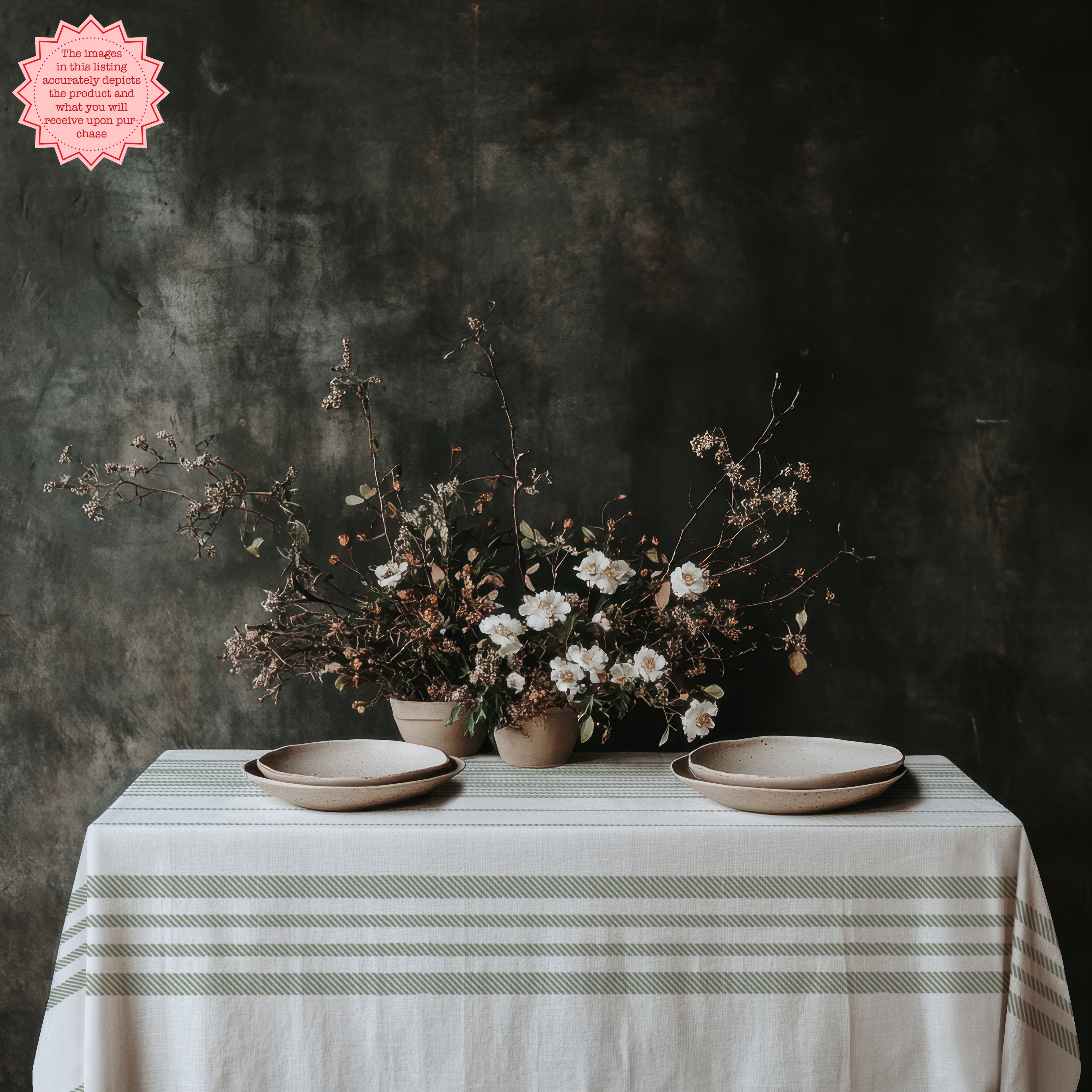 Classic sage green striped cotton tablecloth styled with linen napkins, ceramic plates, and natural textures for elegant entertaining