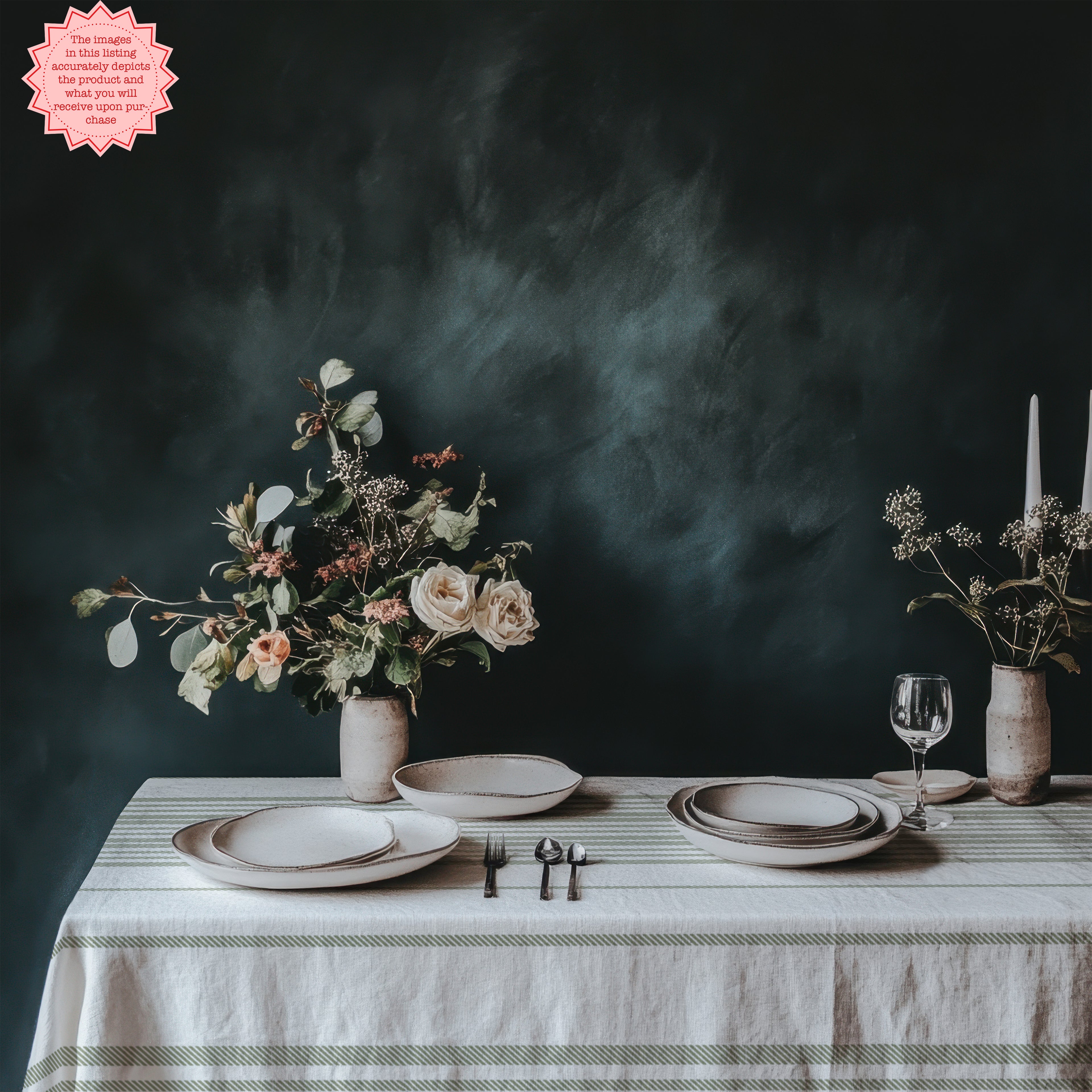 Close-up view of the sage green stripe pattern on a 100% cotton twill tablecloth with a timeless French country aesthetic.