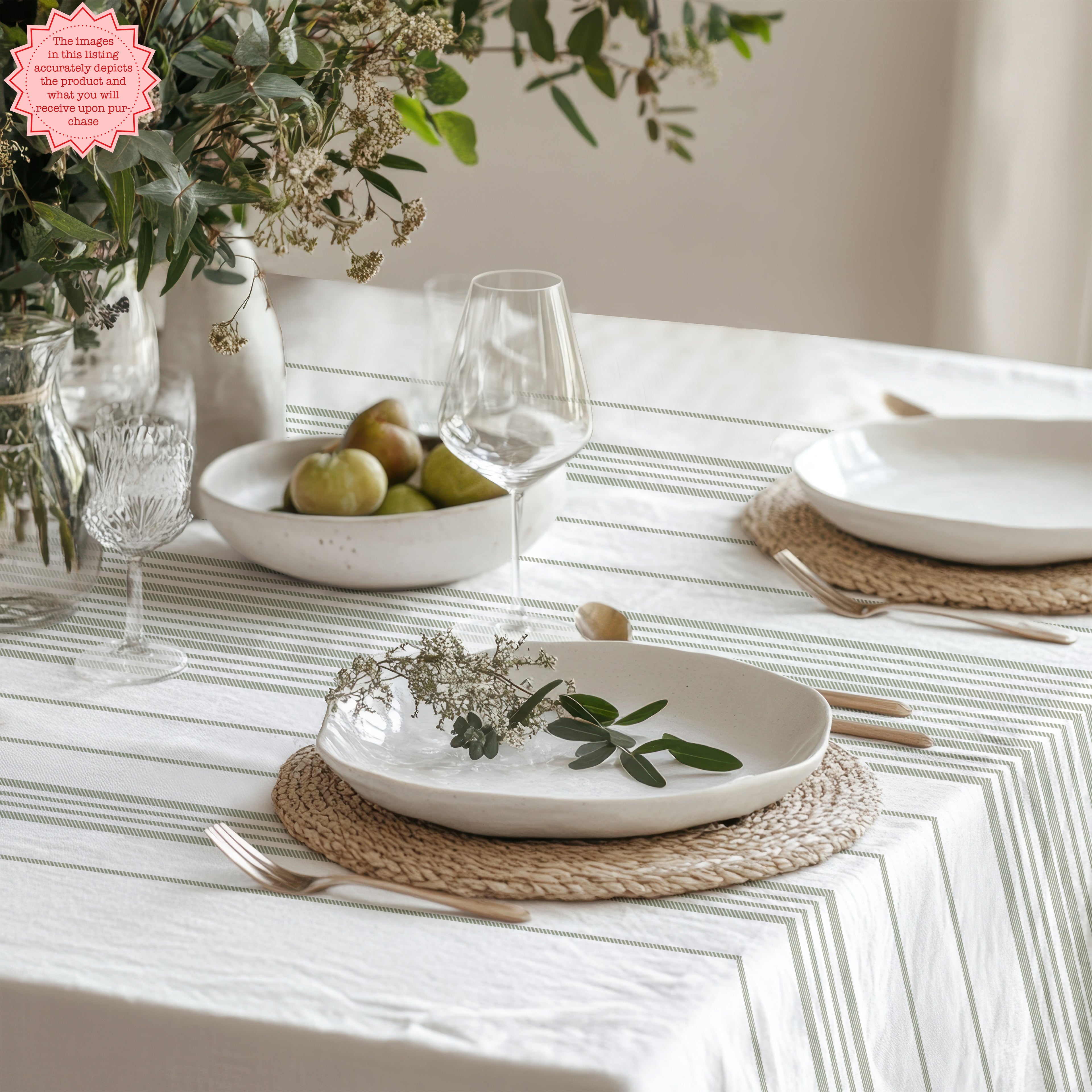 Modern Mediterranean dining room featuring a soft sage stripe tablecloth inspired by French coastal and Provence interiors.
