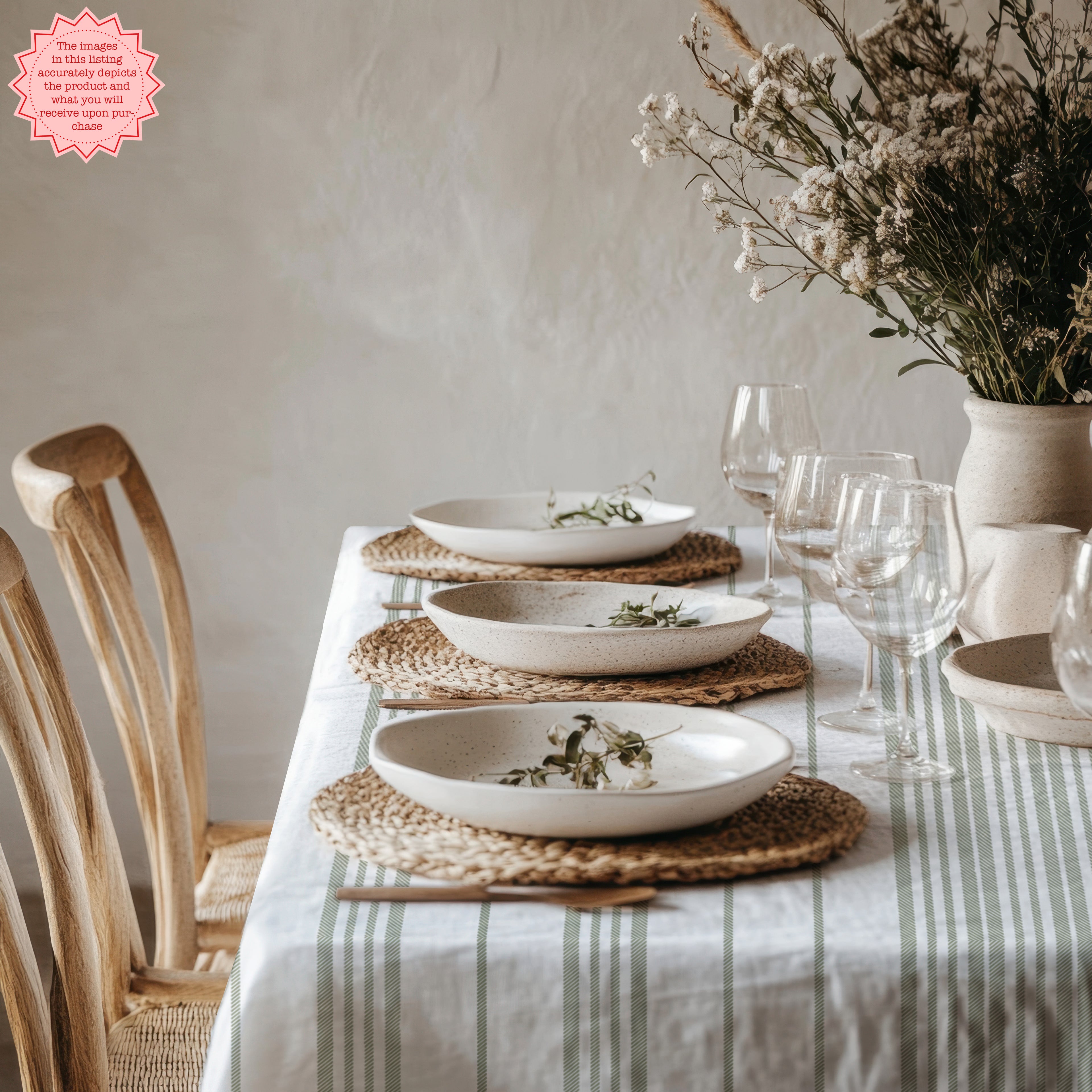 French Riviera inspired dining table featuring a sage stripe tablecloth, neutral dinnerware, and relaxed Mediterranean styling.