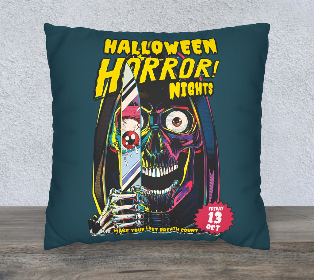 Halloween Horror and Scream-inspired faux suede pillow cover with colourful double-sided comic book artwork